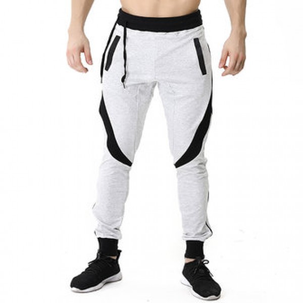 Men Casual Stitching Color Slim Fit Joggers Sport Pants Side Drawstring Design Elastic Waist Pants