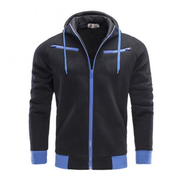Men Casual Warm Fleece Sportswears Contrast Color Zipper Stand Collar Hoodies Sweatshirts