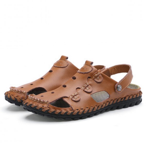 Men Outdoor  Daily Casual Sandals Wrapped Toe Leather Hand-sewn 3-fold Reinforced Suture Shoes