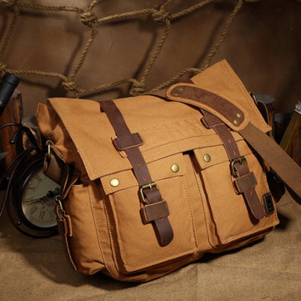 Ekphero Men Cowhide Canvas Messenger Bag Vintage Fashion Shoulder Crossbody Bag