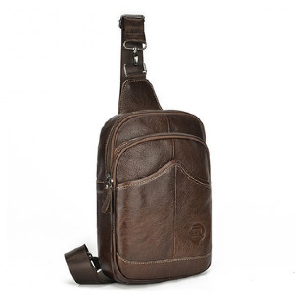 Cowhide Men Cross Body Sling Chest Bags Large Capacity Daypack